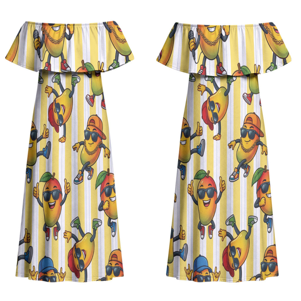 Funny Hawaii Mango Hip Hop Cartoon Couples Matching Off Shoulder Maxi Dress and Long Sleeve Button Shirt Summer Beach Party