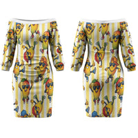 Funny Hawaii Mango Hip Hop Cartoon Couples Matching Off The Shoulder Long Sleeve Dress and Hawaiian Shirt Summer Beach Party