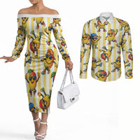 Funny Hawaii Mango Hip Hop Cartoon Couples Matching Off The Shoulder Long Sleeve Dress and Long Sleeve Button Shirt Summer Beach Party