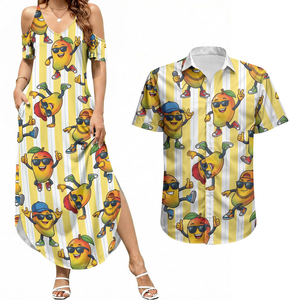 Funny Hawaii Mango Hip Hop Cartoon Couples Matching Summer Maxi Dress and Hawaiian Shirt Summer Beach Party