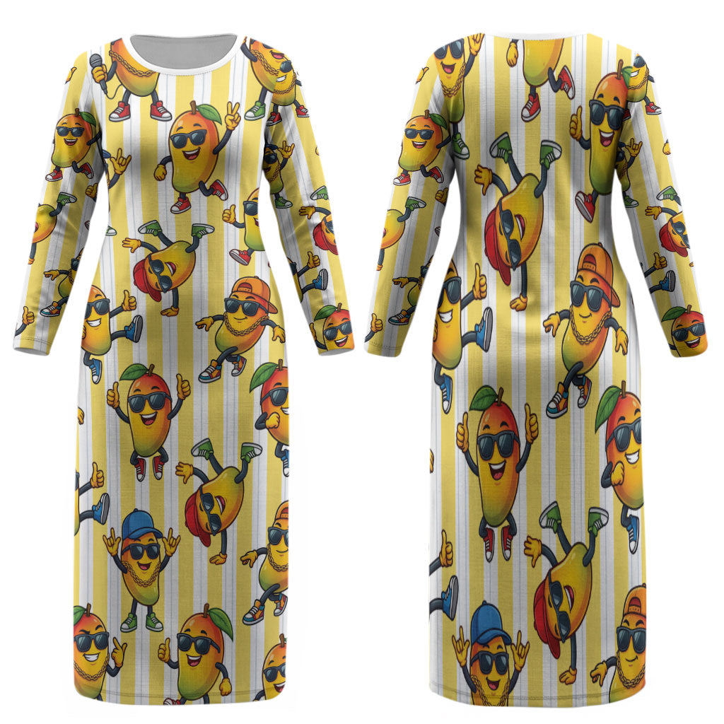 Funny Hawaii Mango Hip Hop Cartoon Family Matching Long Sleeve Bodycon Dress and Hawaiian Shirt Summer Beach Party