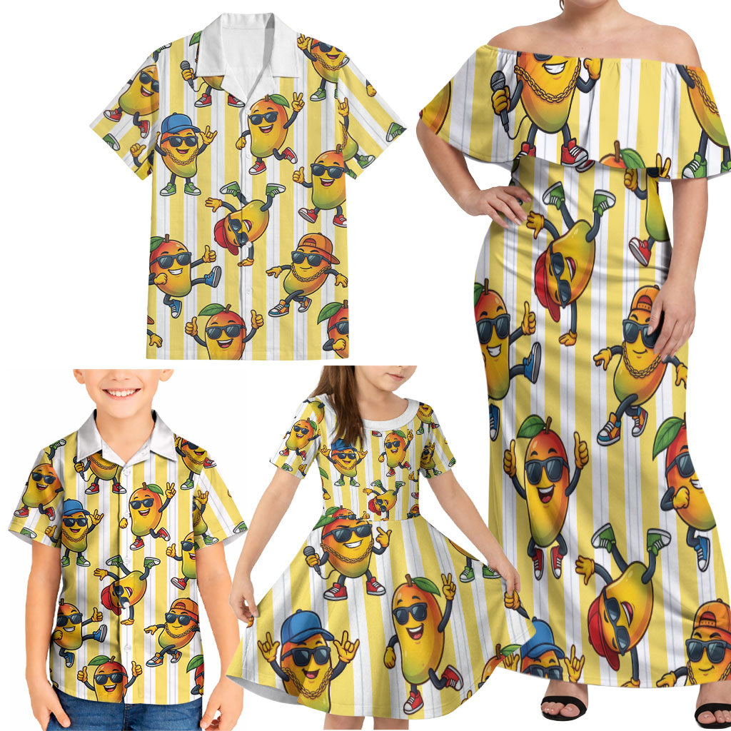 Funny Hawaii Mango Hip Hop Cartoon Family Matching Off Shoulder Maxi Dress and Hawaiian Shirt Summer Beach Party