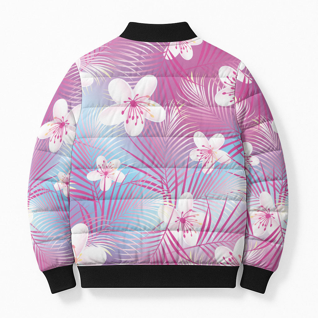 Pink Aloha Hawaiian Bomber Puffer Jacket Tropical Flower Palm Leaf Pattern LT19 - Polynesian Pride