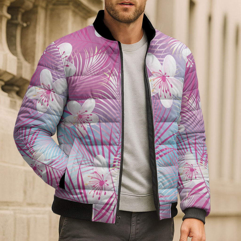 Pink Aloha Hawaiian Bomber Puffer Jacket Tropical Flower Palm Leaf Pattern LT19 - Polynesian Pride