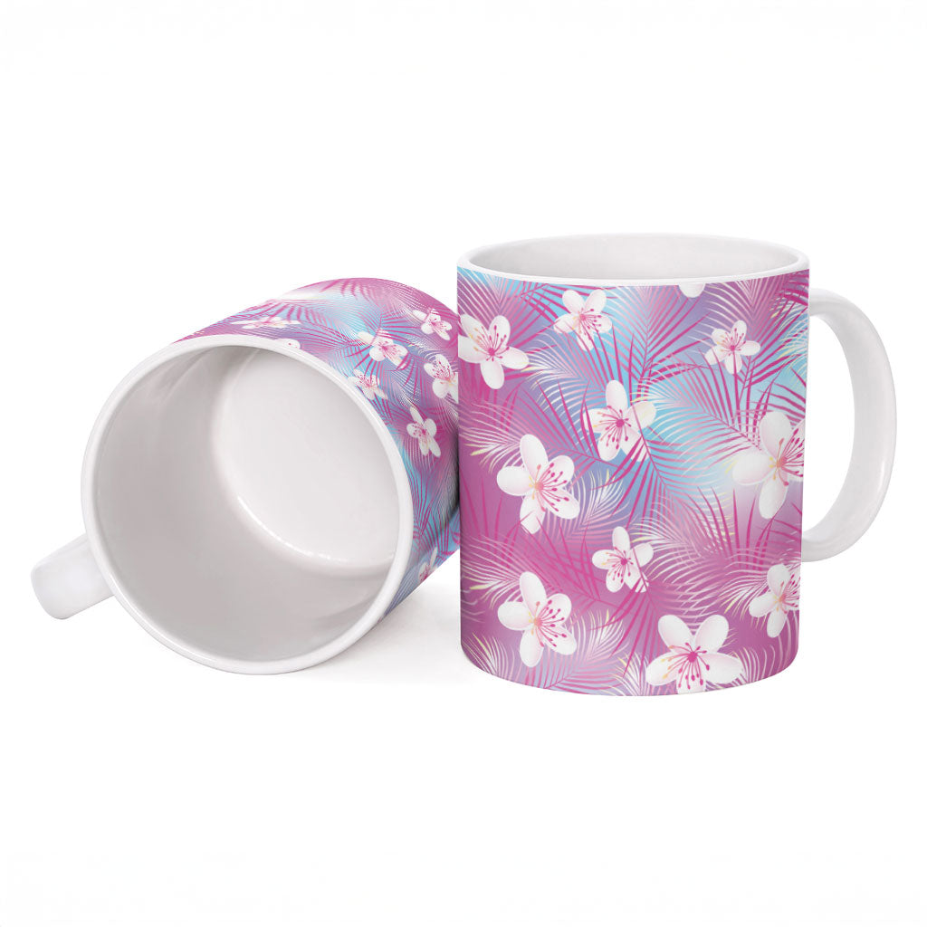 Pink Aloha Hawaiian Ceramic Mug Tropical Flower Palm Leaf Pattern LT19 - Polynesian Pride