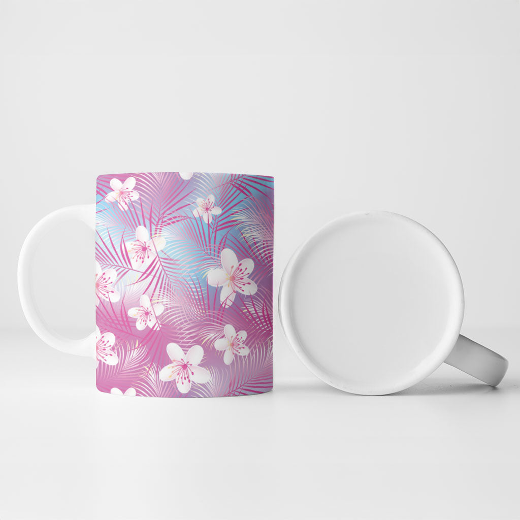 Pink Aloha Hawaiian Ceramic Mug Tropical Flower Palm Leaf Pattern LT19 - Polynesian Pride
