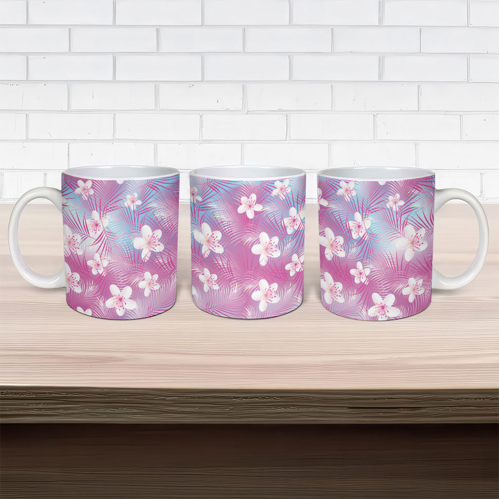 Pink Aloha Hawaiian Ceramic Mug Tropical Flower Palm Leaf Pattern LT19 - Polynesian Pride