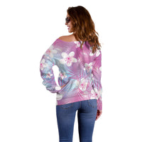Pink Aloha Hawaiian Off Shoulder Sweater Tropical Flower Palm Leaf Pattern LT19 - Polynesian Pride
