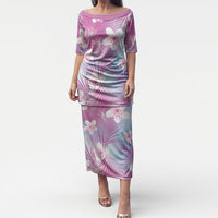 Pink Aloha Hawaiian Puletasi Tropical Flower Palm Leaf Pattern LT19 Long Dress Pink - Polynesian Pride