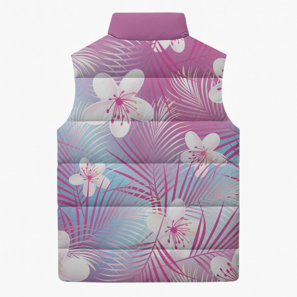 Pink Aloha Hawaiian Sleeveless Puffer Jacket Tropical Flower Palm Leaf Pattern LT19 - Polynesian Pride