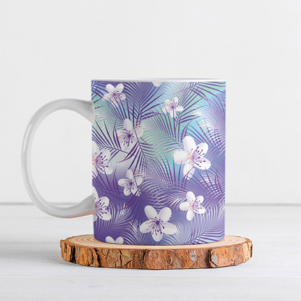 Purple Aloha Hawaiian Ceramic Mug Tropical Flower Palm Leaf Pattern LT19 Purple - Polynesian Pride