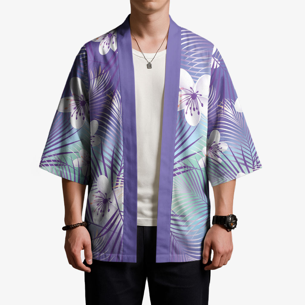 Purple Aloha Hawaiian Kimono Tropical Flower Palm Leaf Pattern LT19 - Polynesian Pride