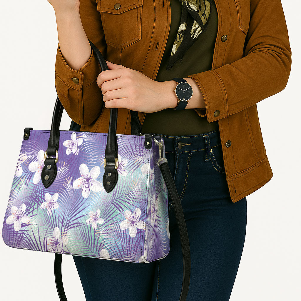 Purple Aloha Hawaiian Leather Bag Tropical Flower Palm Leaf Pattern LT19 - Polynesian Pride