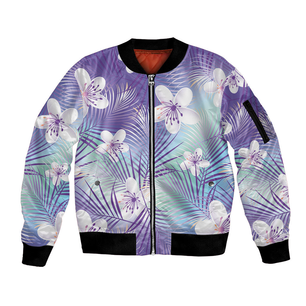 Purple Aloha Hawaiian Sleeve Zip Bomber Jacket Tropical Flower Palm Leaf Pattern LT19 Unisex Purple - Polynesian Pride
