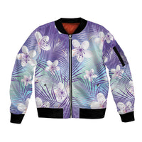 Purple Aloha Hawaiian Sleeve Zip Bomber Jacket Tropical Flower Palm Leaf Pattern LT19 Unisex Purple - Polynesian Pride