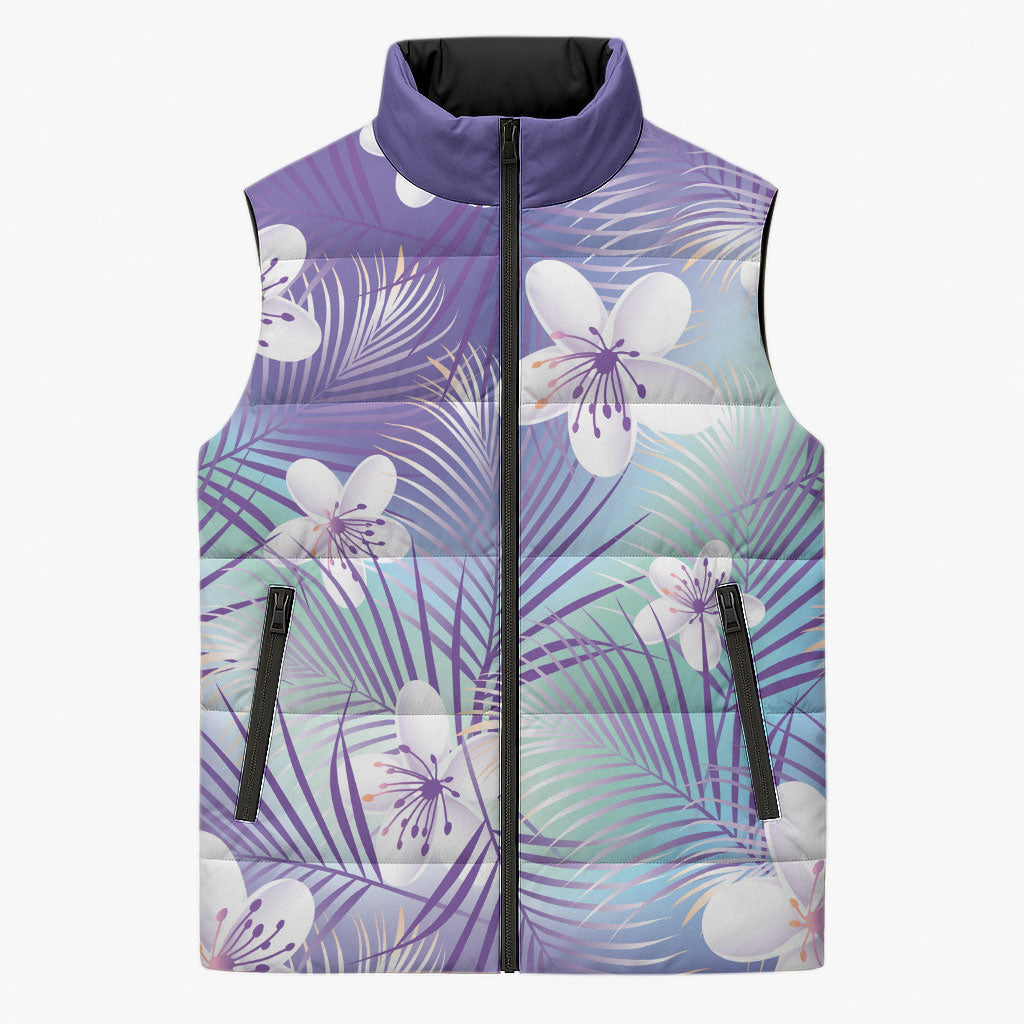 Purple Aloha Hawaiian Sleeveless Puffer Jacket Tropical Flower Palm Leaf Pattern LT19 Unisex Purple - Polynesian Pride