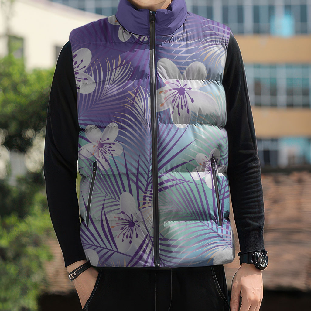 Purple Aloha Hawaiian Sleeveless Puffer Jacket Tropical Flower Palm Leaf Pattern LT19 - Polynesian Pride