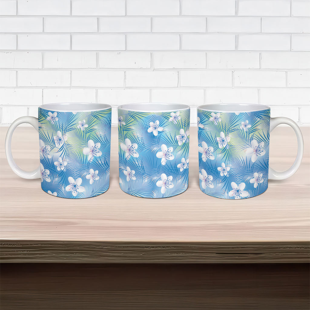 Blue Aloha Hawaiian Ceramic Mug Tropical Flower Palm Leaf Pattern LT19 - Polynesian Pride