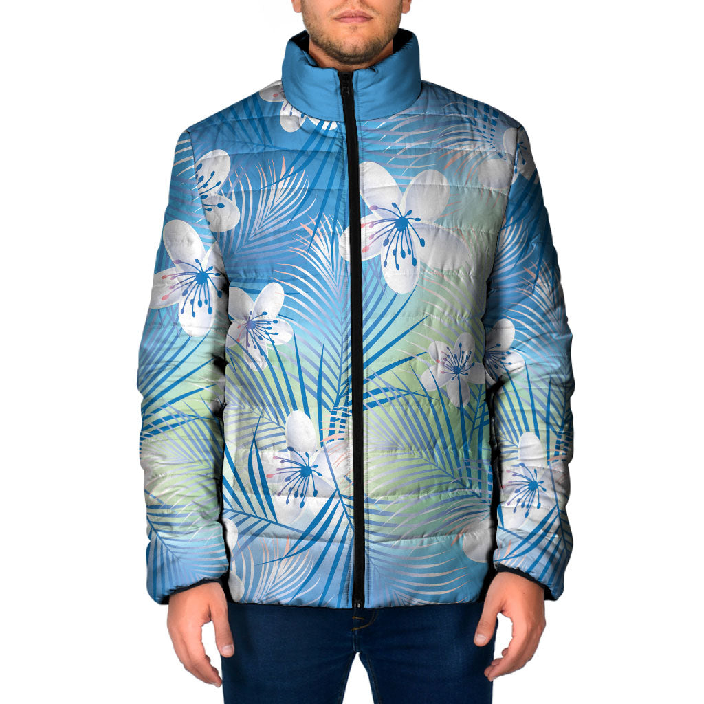 Blue Aloha Hawaiian Padded Jacket Tropical Flower Palm Leaf Pattern LT19 Men Blue - Polynesian Pride
