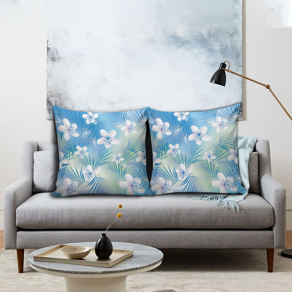 Blue Aloha Hawaiian Pillow Cover Tropical Flower Palm Leaf Pattern LT19 - Polynesian Pride