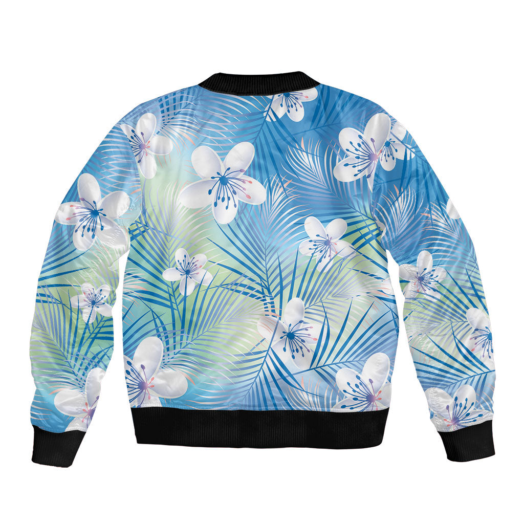 Blue Aloha Hawaiian Sleeve Zip Bomber Jacket Tropical Flower Palm Leaf Pattern LT19 - Polynesian Pride