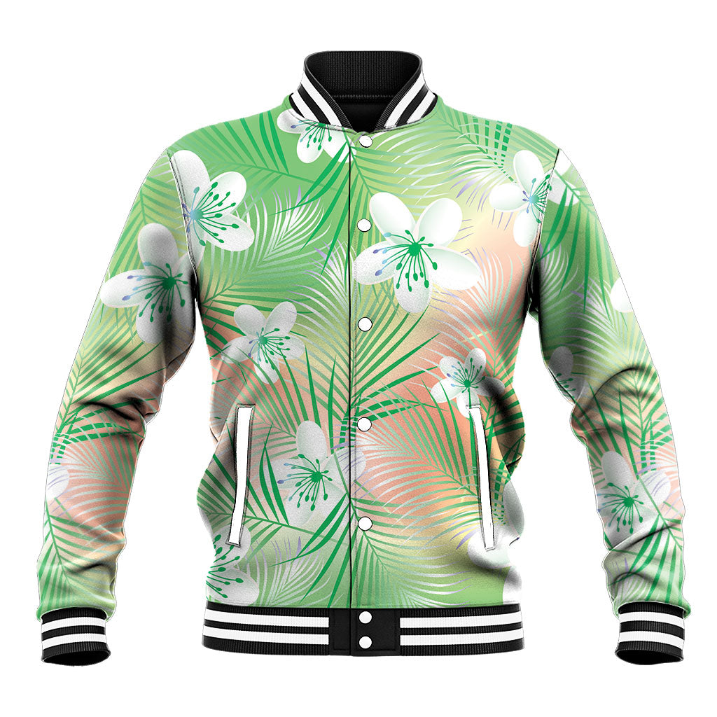 Green Aloha Hawaiian Baseball Jacket Tropical Flower Palm Leaf Pattern LT19 Unisex Green - Polynesian Pride