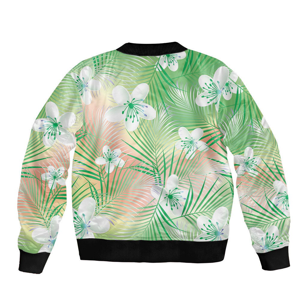 Green Aloha Hawaiian Bomber Jacket Tropical Flower Palm Leaf Pattern LT19 - Polynesian Pride