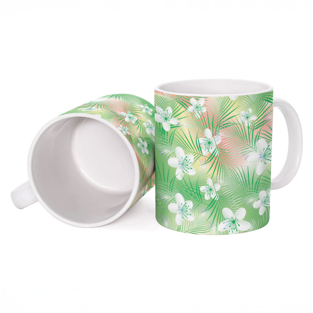 Green Aloha Hawaiian Ceramic Mug Tropical Flower Palm Leaf Pattern LT19 - Polynesian Pride