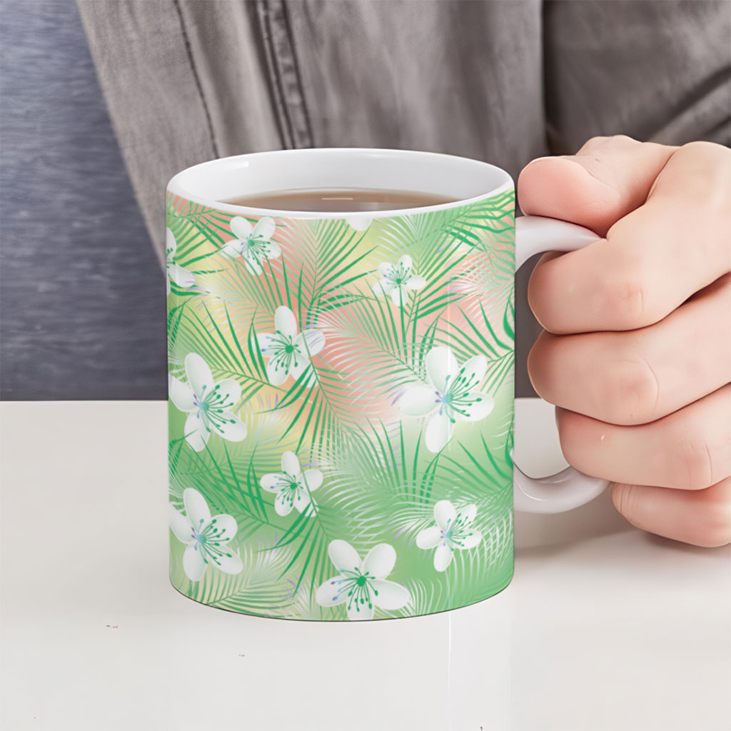 Green Aloha Hawaiian Ceramic Mug Tropical Flower Palm Leaf Pattern LT19 - Polynesian Pride