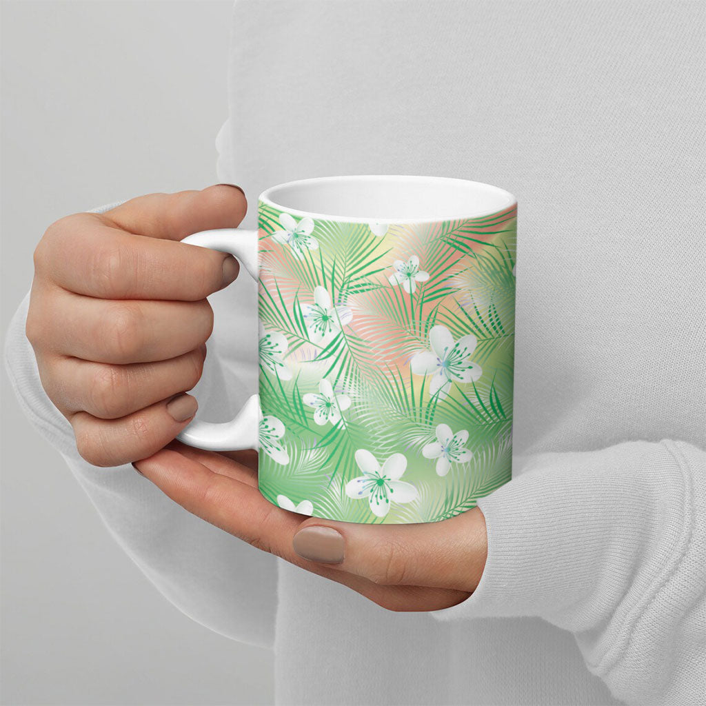 Green Aloha Hawaiian Ceramic Mug Tropical Flower Palm Leaf Pattern LT19 - Polynesian Pride