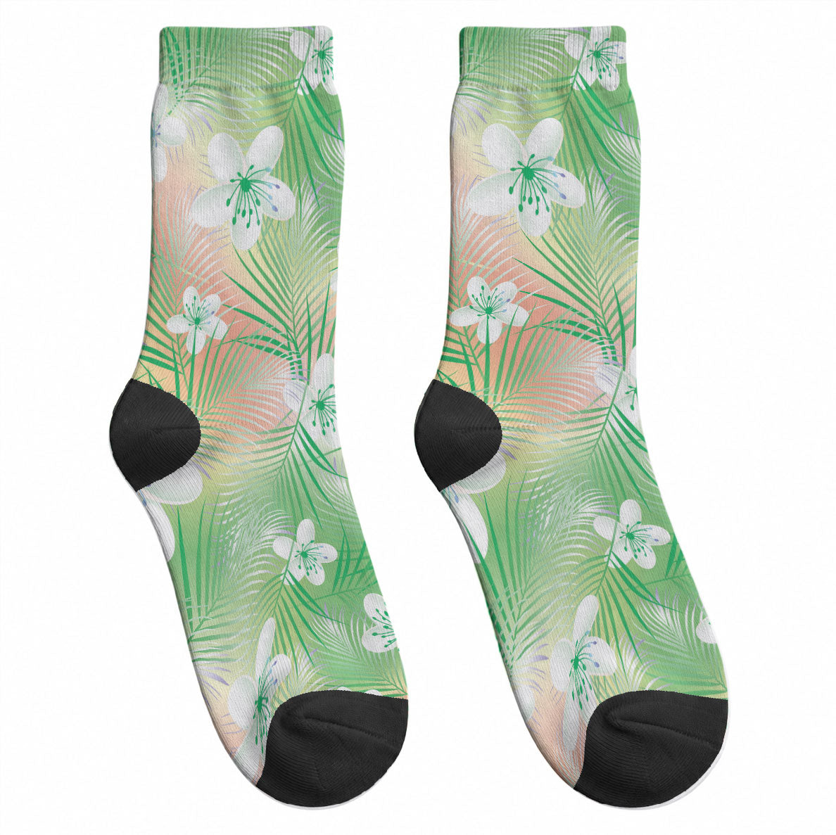 Green Aloha Hawaiian Crew Socks Tropical Flower Palm Leaf Pattern LT19 - Polynesian Pride