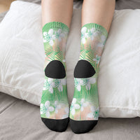 Green Aloha Hawaiian Crew Socks Tropical Flower Palm Leaf Pattern LT19 - Polynesian Pride