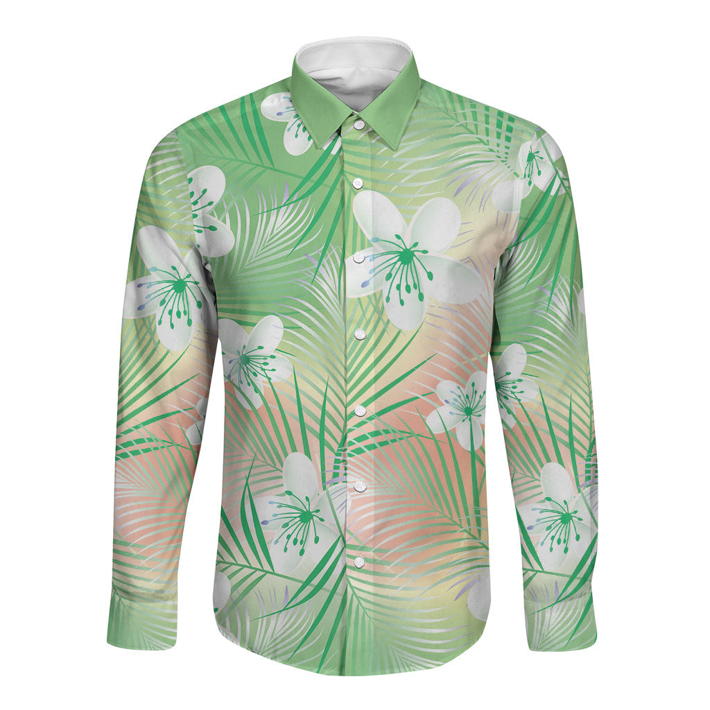 Green Aloha Hawaiian Long Sleeve Button Shirt Tropical Flower Palm Leaf Pattern LT19 Unisex Green - Polynesian Pride