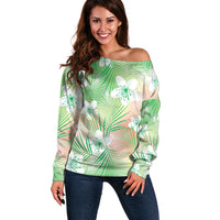 Green Aloha Hawaiian Off Shoulder Sweater Tropical Flower Palm Leaf Pattern LT19 Women Green - Polynesian Pride