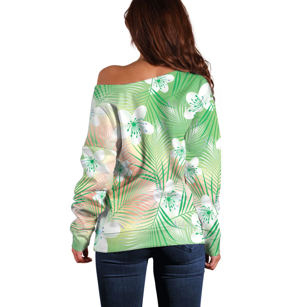 Green Aloha Hawaiian Off Shoulder Sweater Tropical Flower Palm Leaf Pattern LT19 - Polynesian Pride