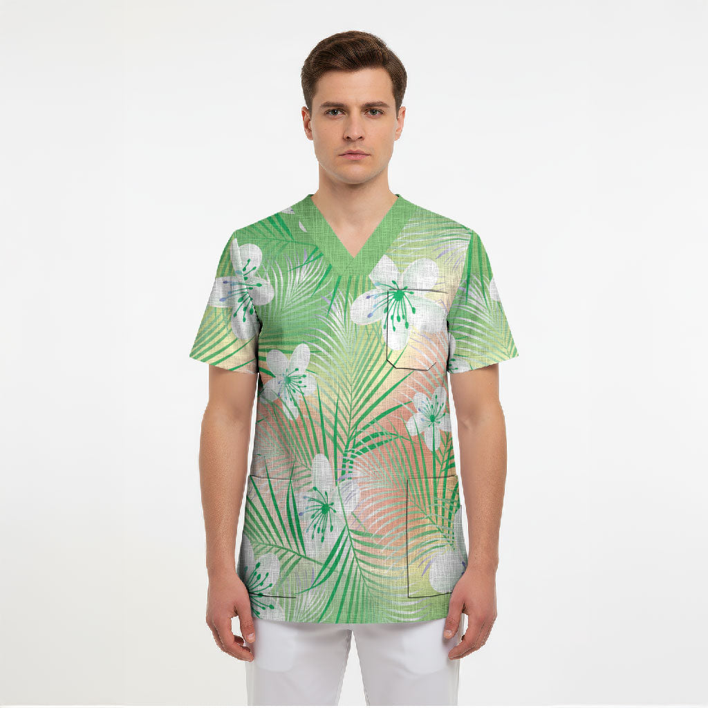 Green Aloha Hawaiian Scrub Top Tropical Flower Palm Leaf Pattern LT19 - Polynesian Pride