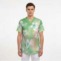 Green Aloha Hawaiian Scrub Top Tropical Flower Palm Leaf Pattern LT19 - Polynesian Pride