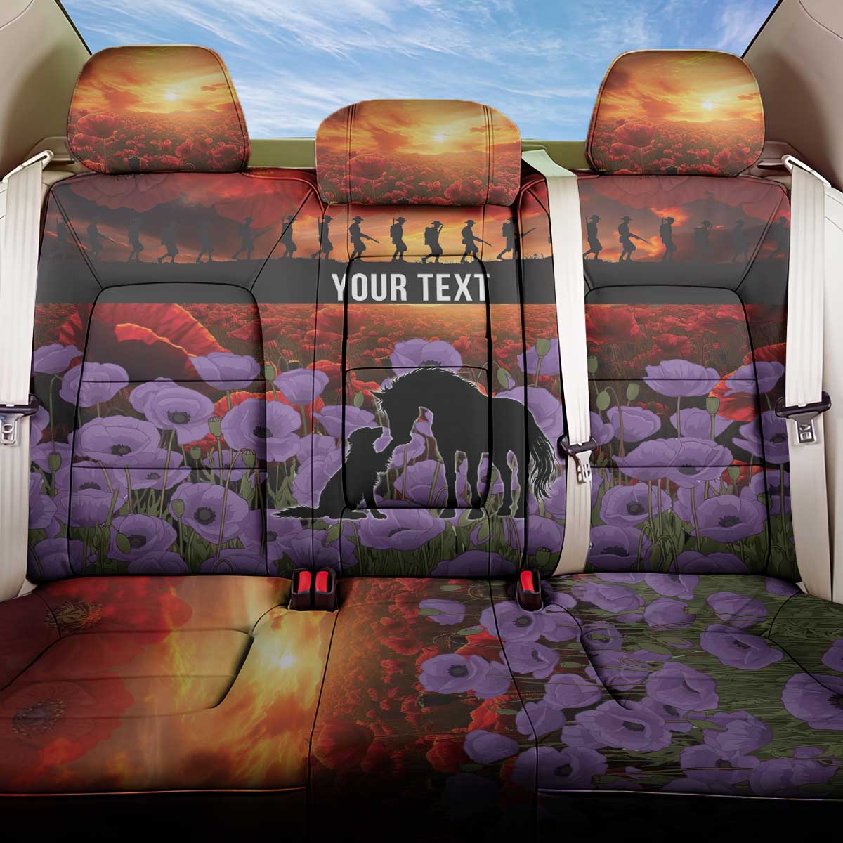 Personalised ANZAC Day Back Car Seat Cover Remembering the Animals of War LT19 One Size Purple - Polynesian Pride
