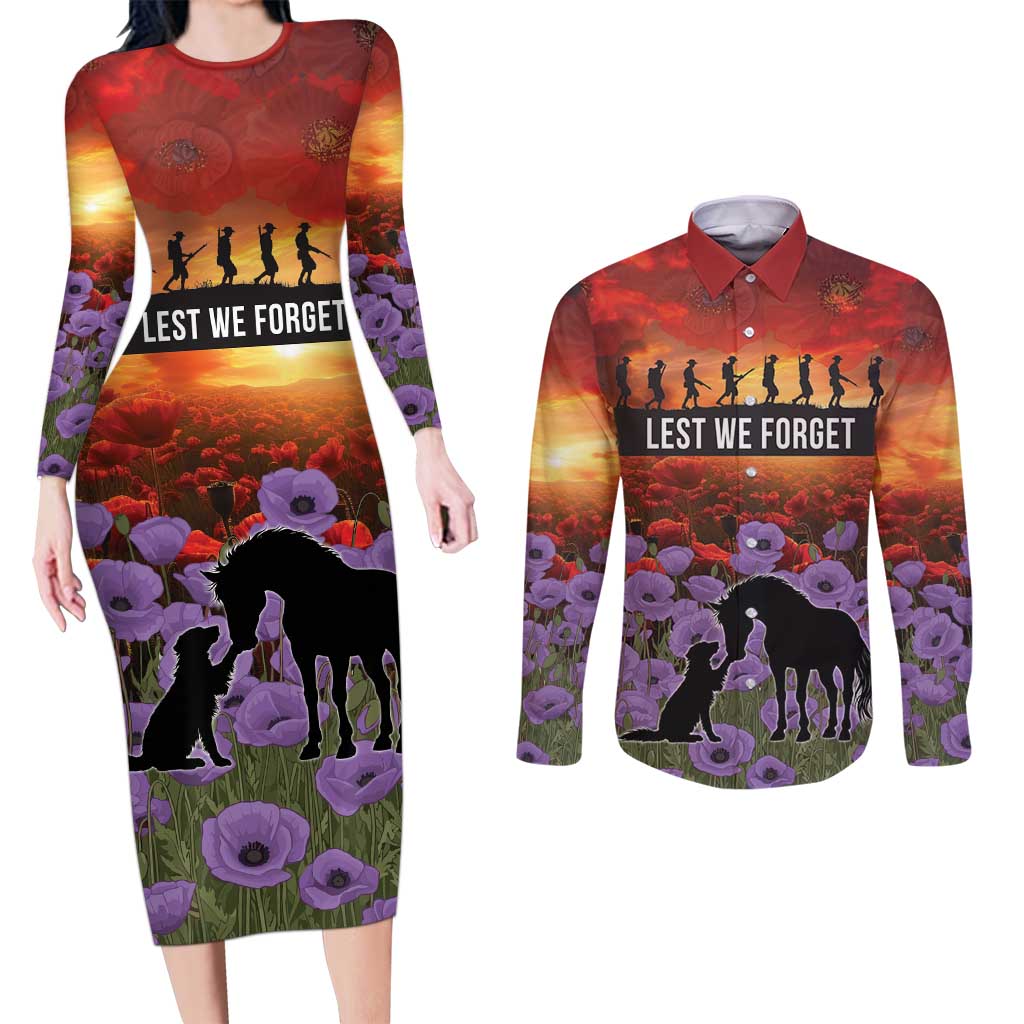 Personalised ANZAC Day Couples Matching Long Sleeve Bodycon Dress and Long Sleeve Button Shirt Remembering the Animals of War LT19 Purple - Polynesian Pride