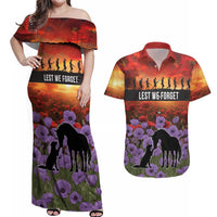 Personalised ANZAC Day Couples Matching Off Shoulder Maxi Dress and Hawaiian Shirt Remembering the Animals of War LT19 Purple - Polynesian Pride