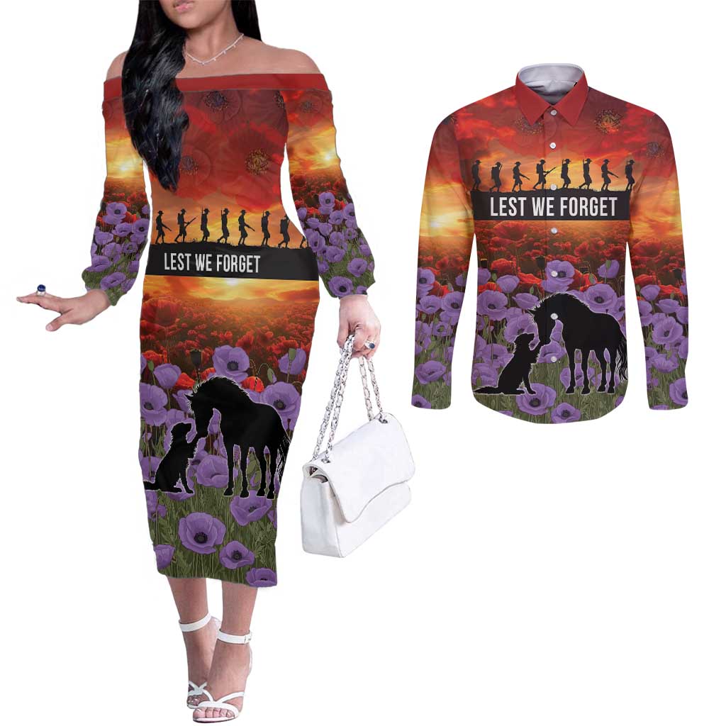 Personalised ANZAC Day Couples Matching Off The Shoulder Long Sleeve Dress and Long Sleeve Button Shirt Remembering the Animals of War LT19 Purple - Polynesian Pride