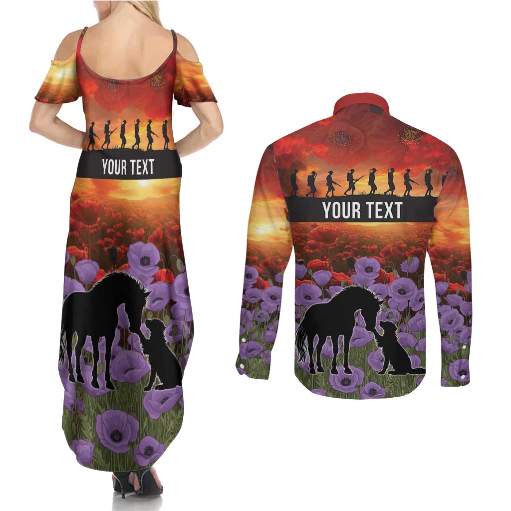 Personalised ANZAC Day Couples Matching Summer Maxi Dress and Long Sleeve Button Shirt Remembering the Animals of War