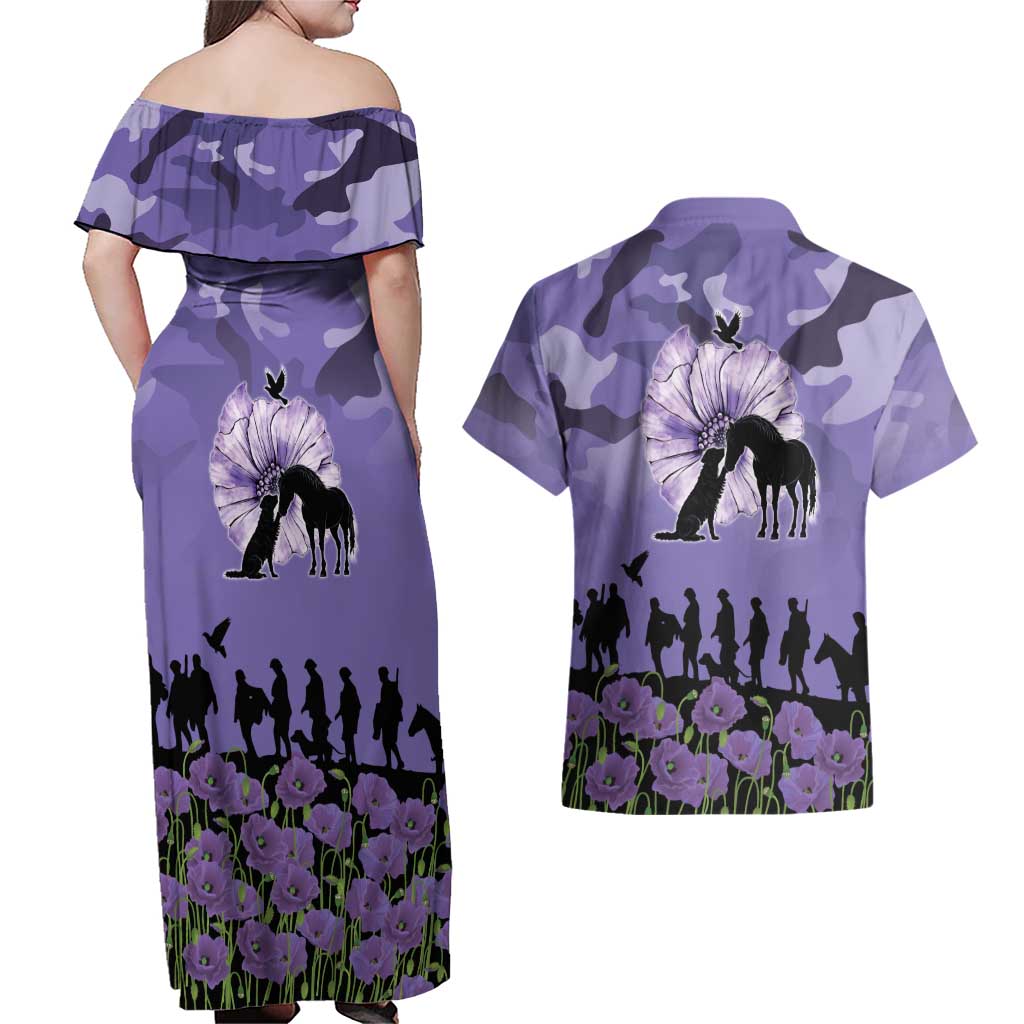 ANZAC Day Couples Matching Off Shoulder Maxi Dress and Hawaiian Shirt Lest We Forget the Animals Too LT19 - Polynesian Pride