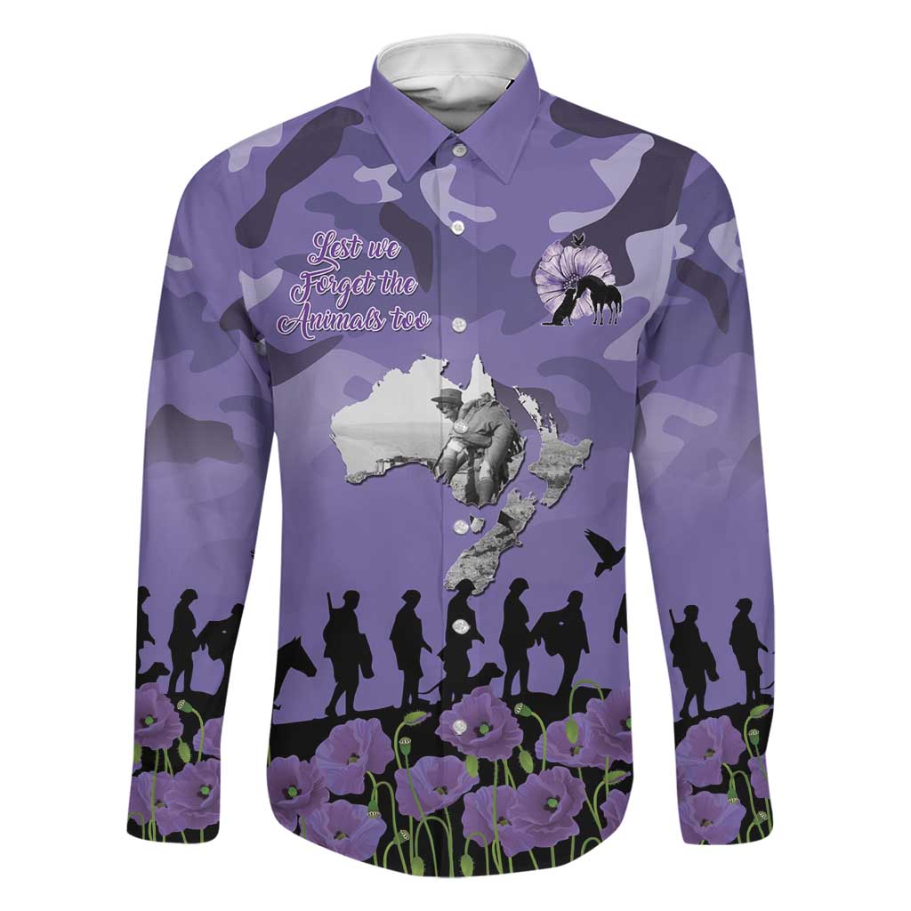 ANZAC Day Family Matching Summer Maxi Dress and Hawaiian Shirt Lest We Forget the Animals Too LT19 Dad's Shirt - Long Sleeve Purple - Polynesian Pride