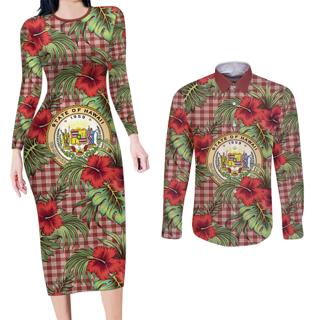 Vintage Hawaii Hibiscus Palaka Couples Matching Long Sleeve Bodycon Dress and Long Sleeve Button Shirt Red Color LT19 Red - Polynesian Pride