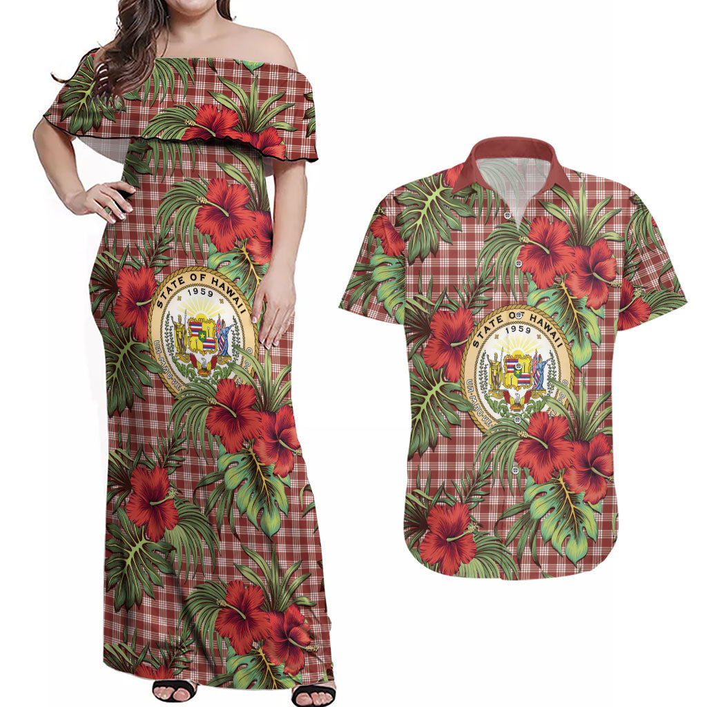 Vintage Hawaii Hibiscus Palaka Couples Matching Off Shoulder Maxi Dress and Hawaiian Shirt Red Color LT19 Red - Polynesian Pride