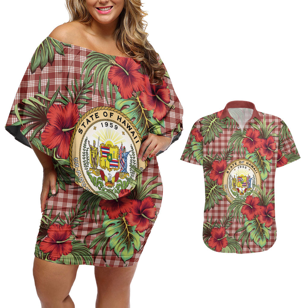 Vintage Hawaii Hibiscus Palaka Couples Matching Off Shoulder Short Dress and Hawaiian Shirt Red Color LT19 Red - Polynesian Pride