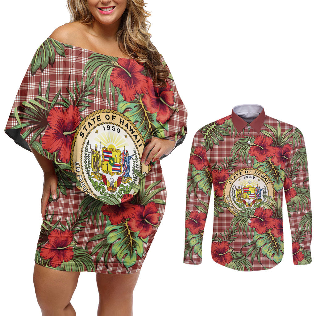 Vintage Hawaii Hibiscus Palaka Couples Matching Off Shoulder Short Dress and Long Sleeve Button Shirt Red Color LT19 Red - Polynesian Pride