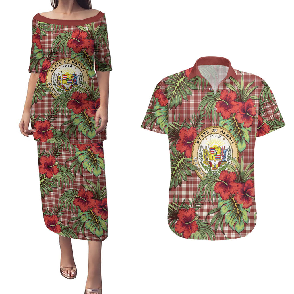 Vintage Hawaii Hibiscus Palaka Couples Matching Puletasi and Hawaiian Shirt Red Color LT19 Red - Polynesian Pride