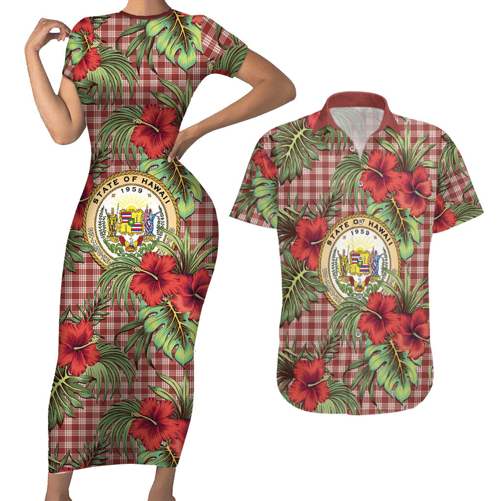 Vintage Hawaii Hibiscus Palaka Couples Matching Short Sleeve Bodycon Dress and Hawaiian Shirt Red Color LT19 Red - Polynesian Pride